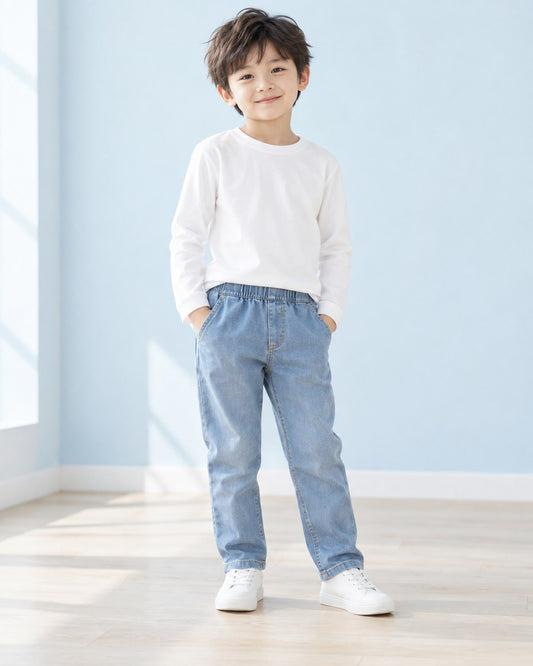 のびのびストレッチ ロングパンツ ブルー 着用イメージ